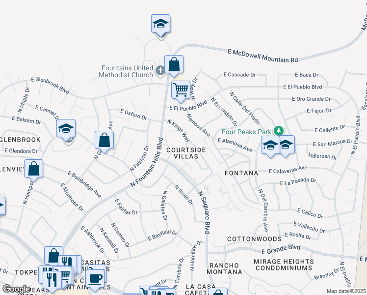 map of restaurants, bars, coffee shops, grocery stores, and more near 14698 North Olympic Way in Fountain Hills