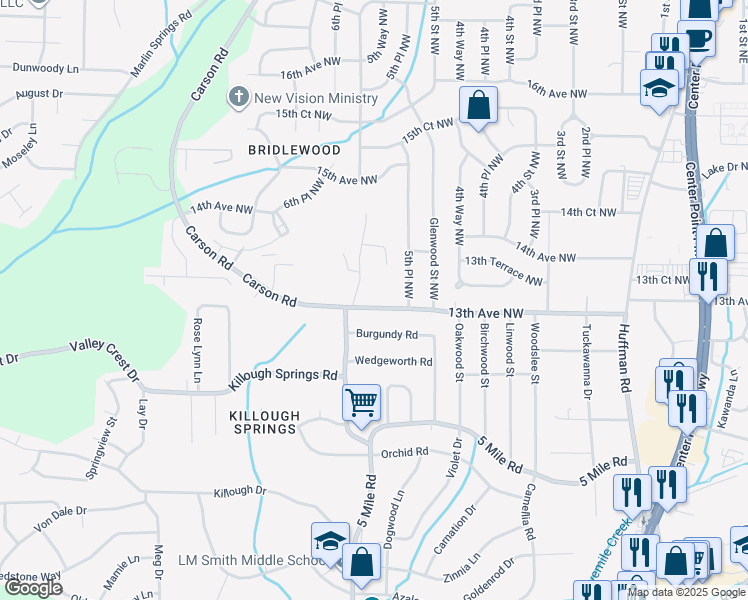 map of restaurants, bars, coffee shops, grocery stores, and more near 429 13th Avenue Northwest in Center Point