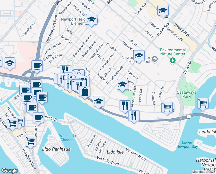 map of restaurants, bars, coffee shops, grocery stores, and more near 320 Fullerton Avenue in Newport Beach