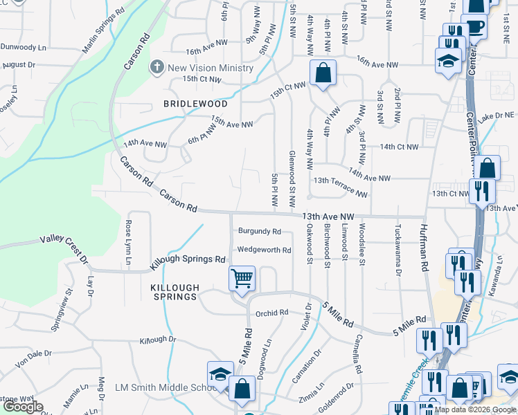 map of restaurants, bars, coffee shops, grocery stores, and more near 429 13th Avenue Northwest in Center Point