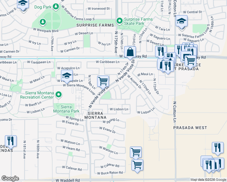 map of restaurants, bars, coffee shops, grocery stores, and more near 14930 North 174th Lane in Surprise
