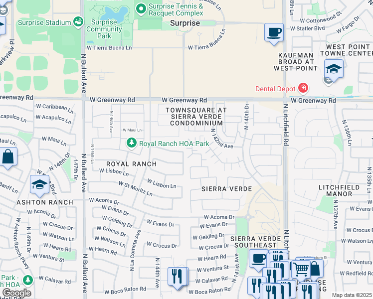 map of restaurants, bars, coffee shops, grocery stores, and more near 15018 North 142nd Lane in Surprise