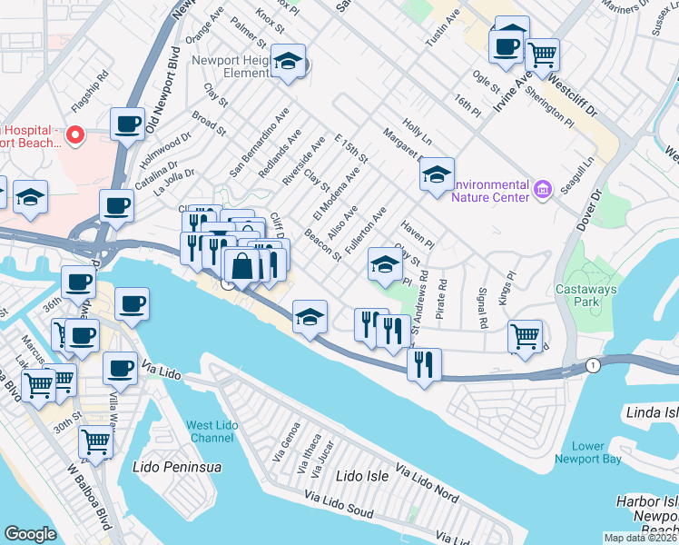 map of restaurants, bars, coffee shops, grocery stores, and more near 320 Fullerton Avenue in Newport Beach