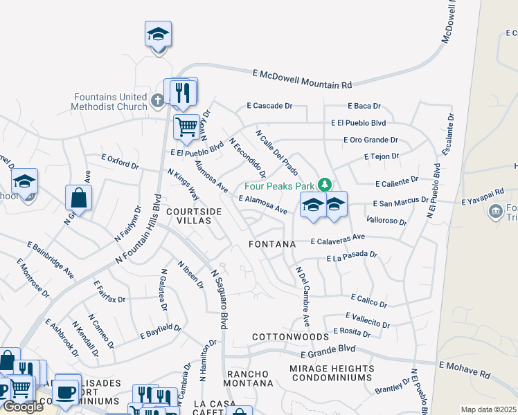 map of restaurants, bars, coffee shops, grocery stores, and more near 17030 East Calle Del Oro in Fountain Hills