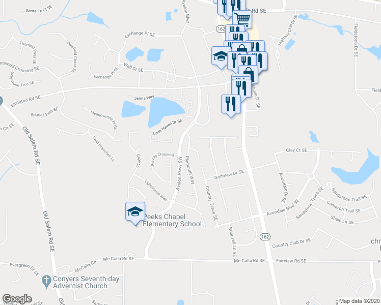 map of restaurants, bars, coffee shops, grocery stores, and more near 2601 Essex Court Southeast in Conyers