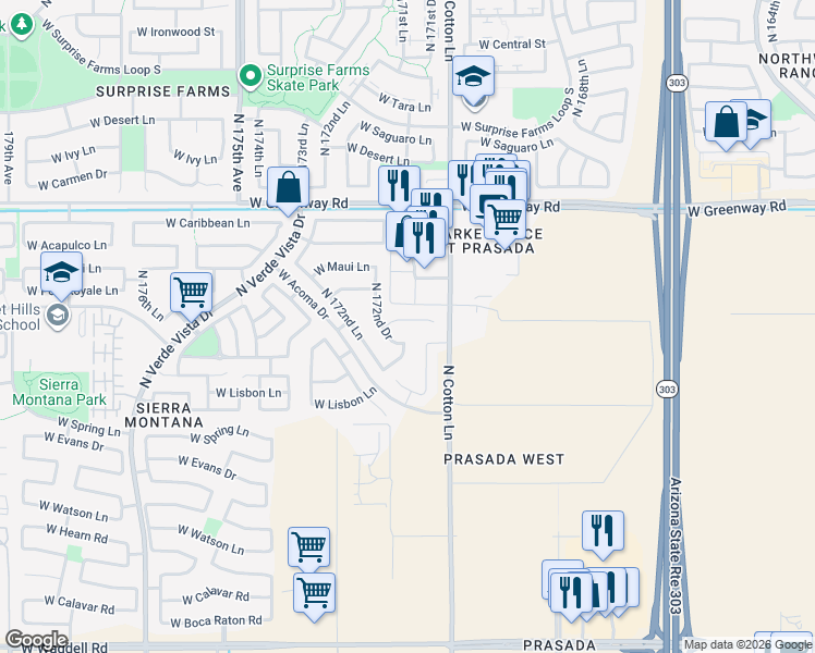 map of restaurants, bars, coffee shops, grocery stores, and more near 14876 North 171st Drive in Surprise