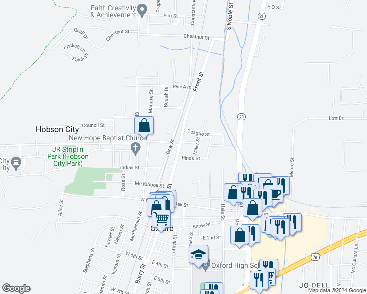 map of restaurants, bars, coffee shops, grocery stores, and more near 113 Main Street in Oxford