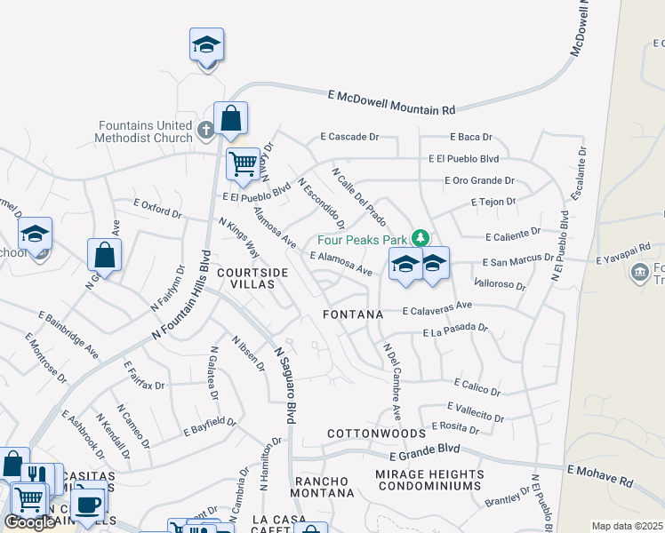 map of restaurants, bars, coffee shops, grocery stores, and more near 17019 East Calle Del Oro in Fountain Hills