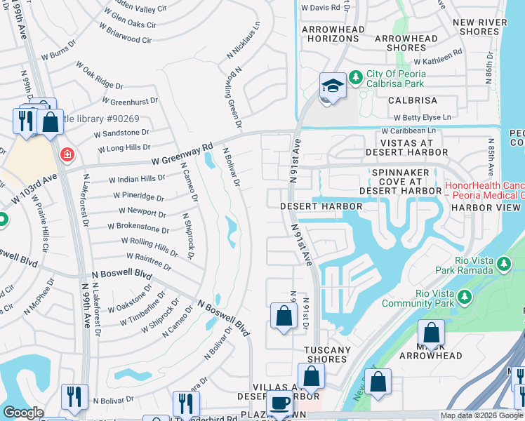 map of restaurants, bars, coffee shops, grocery stores, and more near 9156 West Port Royale Lane in Peoria