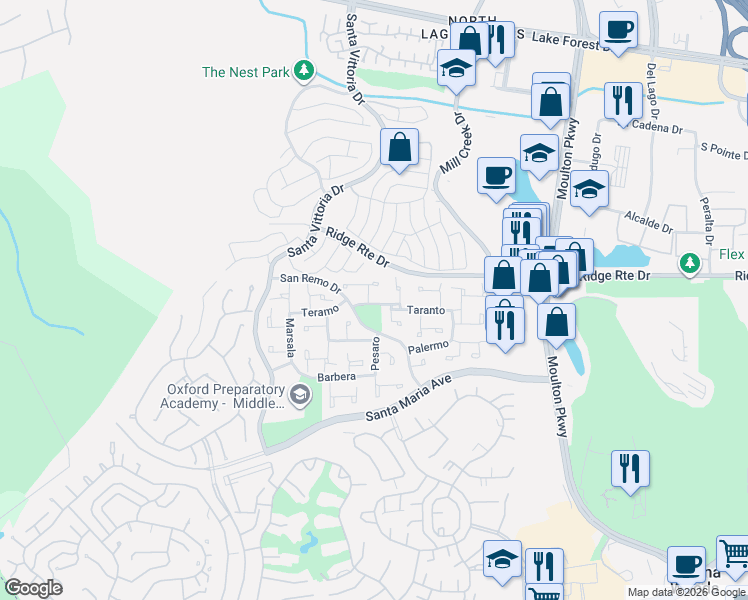 map of restaurants, bars, coffee shops, grocery stores, and more near 23626 Messina in Laguna Hills