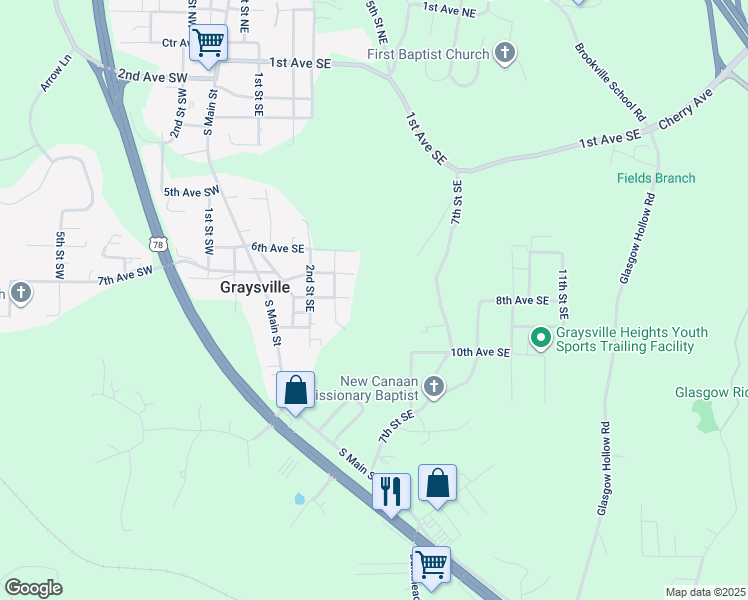 map of restaurants, bars, coffee shops, grocery stores, and more near 315 7th Avenue Southeast in Graysville