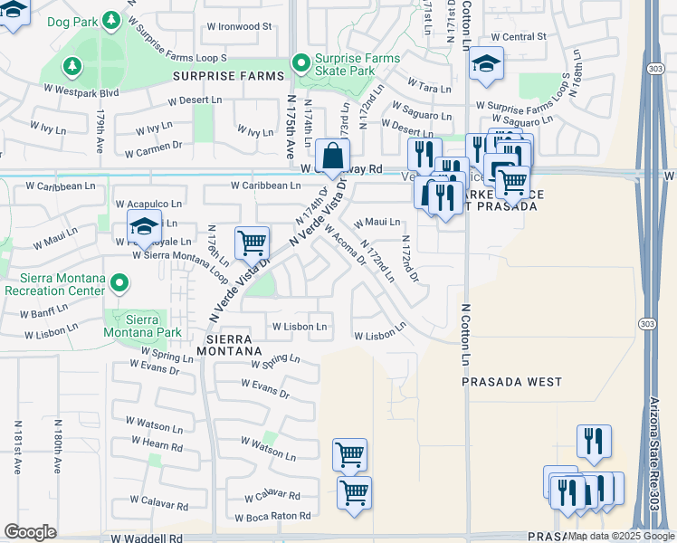 map of restaurants, bars, coffee shops, grocery stores, and more near 14962 North 174th Avenue in Surprise