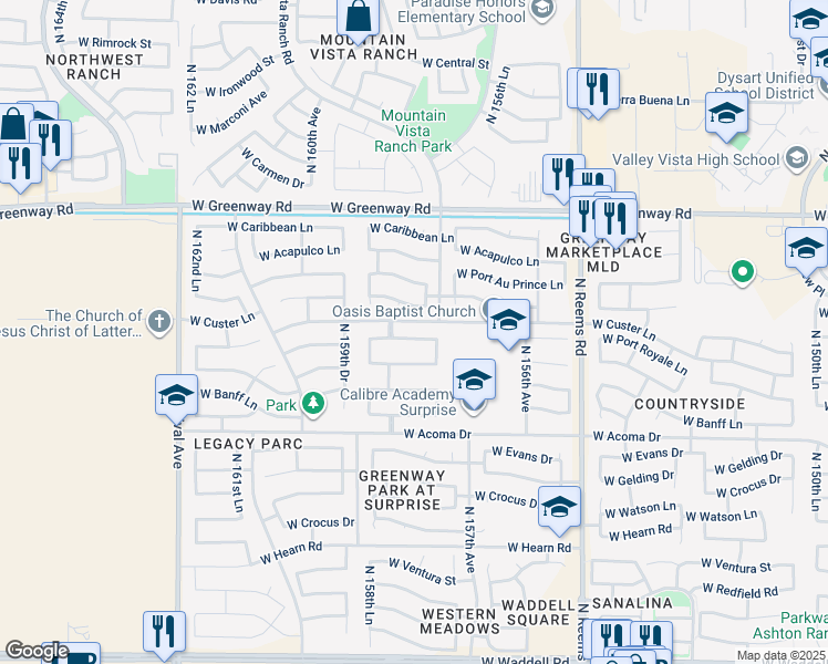 map of restaurants, bars, coffee shops, grocery stores, and more near 15818 West Port Royale Lane in Surprise