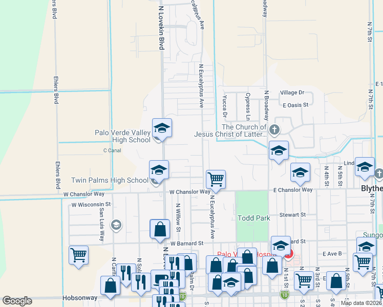 map of restaurants, bars, coffee shops, grocery stores, and more near 521 West Oregon Street in Blythe
