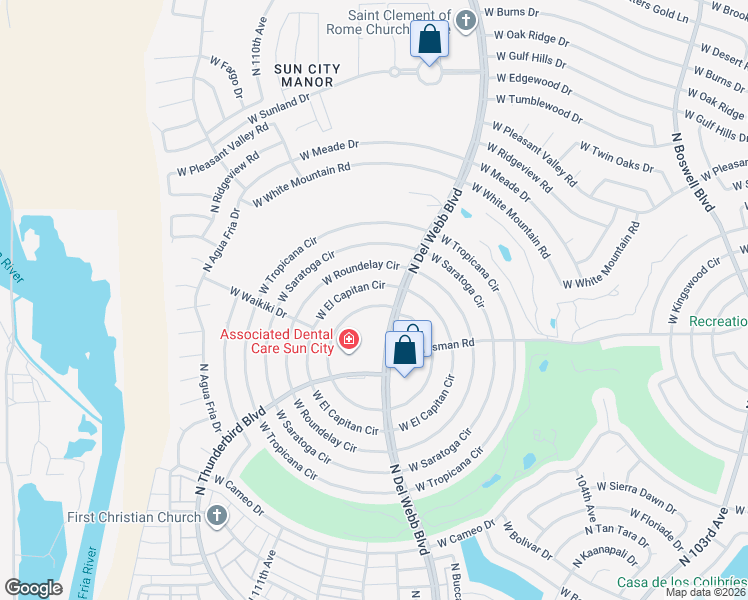 map of restaurants, bars, coffee shops, grocery stores, and more near 14820 North Del Webb Boulevard in Sun City