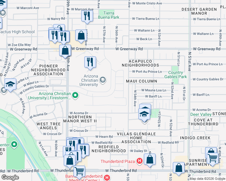 map of restaurants, bars, coffee shops, grocery stores, and more near North 57th Drive in Glendale