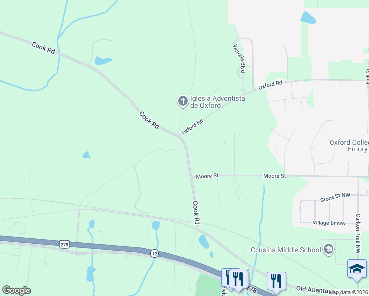 map of restaurants, bars, coffee shops, grocery stores, and more near 119 Cook Road in Covington