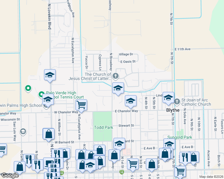 map of restaurants, bars, coffee shops, grocery stores, and more near 610 North Broadway in Blythe