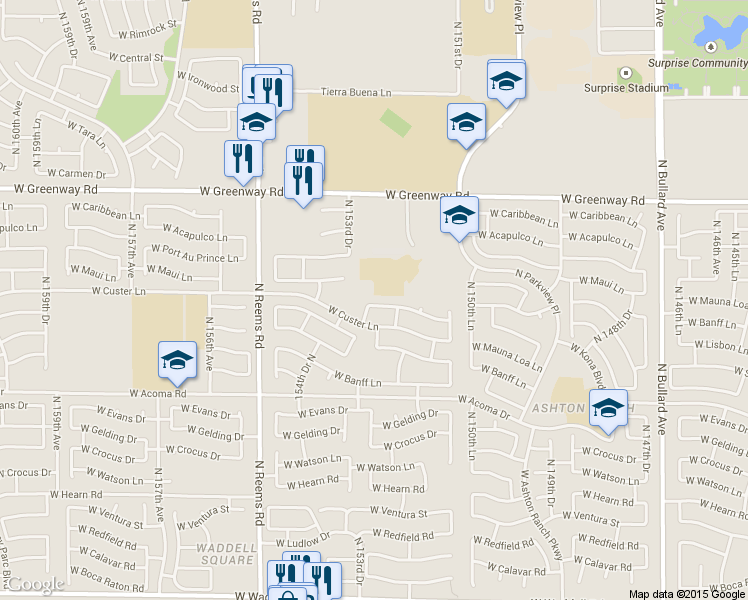 map of restaurants, bars, coffee shops, grocery stores, and more near 15282 West Country Gables Drive in Surprise