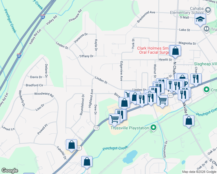 map of restaurants, bars, coffee shops, grocery stores, and more near 516 Birch Street in Trussville