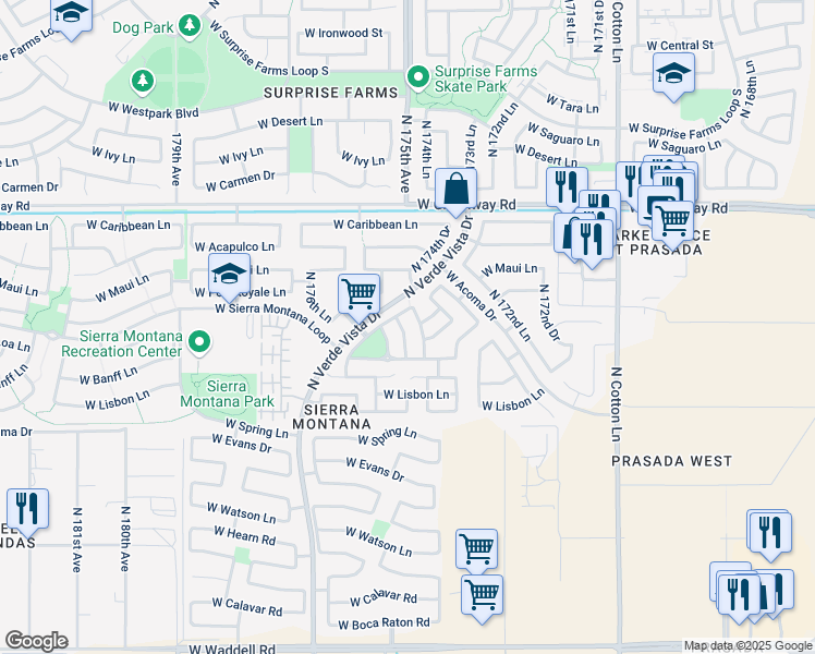 map of restaurants, bars, coffee shops, grocery stores, and more near 14931 North 174th Lane in Surprise