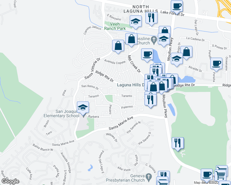 map of restaurants, bars, coffee shops, grocery stores, and more near 23632 Verona in Laguna Hills