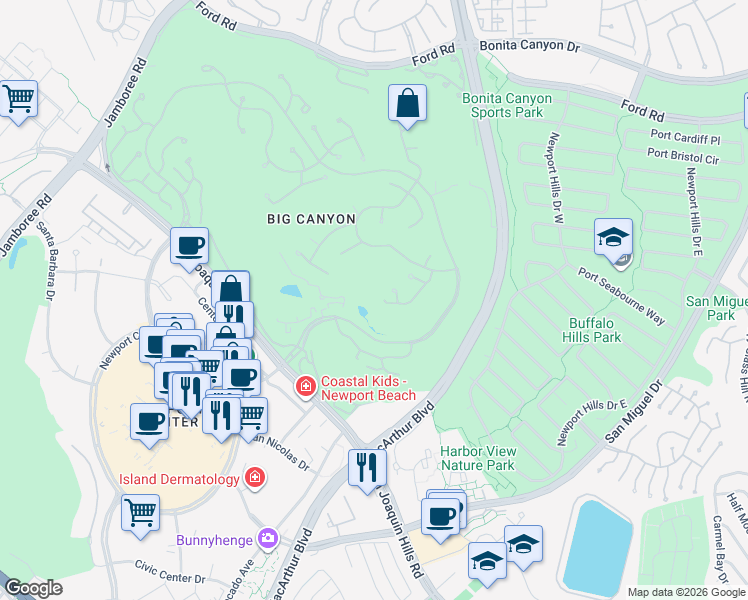 map of restaurants, bars, coffee shops, grocery stores, and more near 1 Cypress Point Lane in Newport Beach