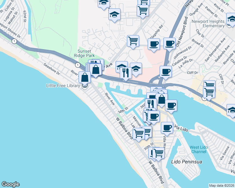 map of restaurants, bars, coffee shops, grocery stores, and more near 400 40th Street in Newport Beach