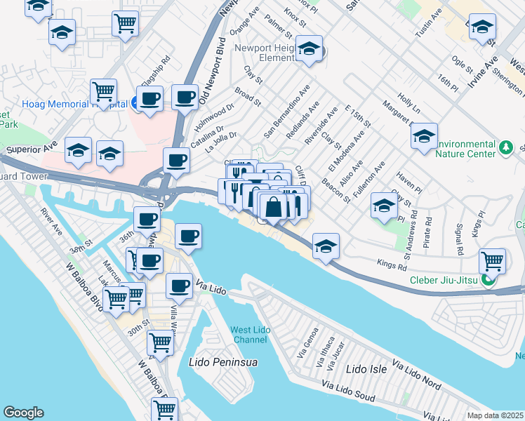 map of restaurants, bars, coffee shops, grocery stores, and more near 2601 West Coast Highway in Newport Beach