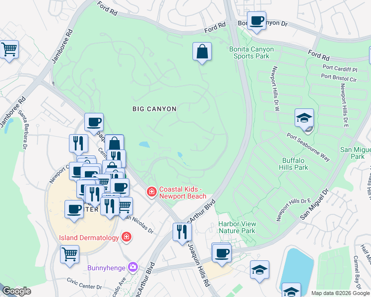 map of restaurants, bars, coffee shops, grocery stores, and more near 1 Cypress Point Lane in Newport Beach