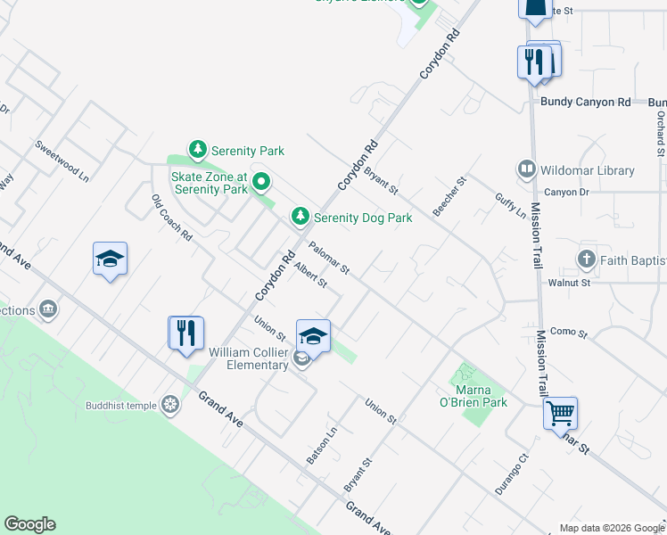 map of restaurants, bars, coffee shops, grocery stores, and more near 32510 Morelock Way in Wildomar