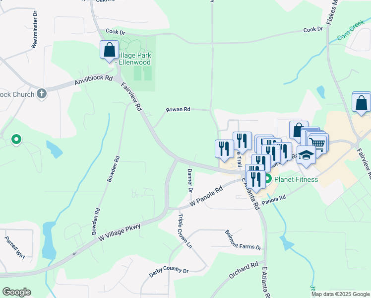 map of restaurants, bars, coffee shops, grocery stores, and more near 468 Fairview Road in Ellenwood