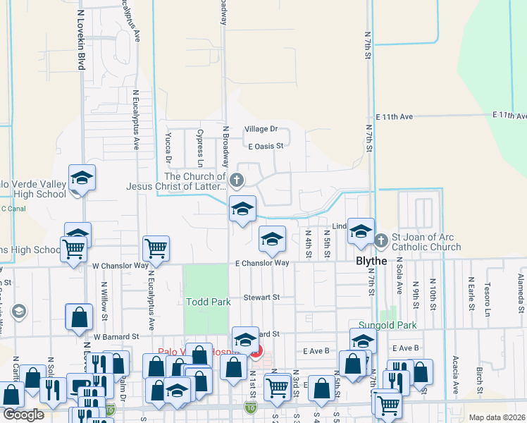 map of restaurants, bars, coffee shops, grocery stores, and more near 266 Shannon Street in Blythe