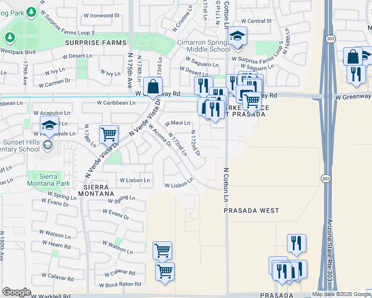 map of restaurants, bars, coffee shops, grocery stores, and more near 15023 North 172nd Lane in Surprise