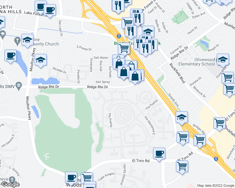 map of restaurants, bars, coffee shops, grocery stores, and more near 2374 Via Mariposa West in Laguna Woods