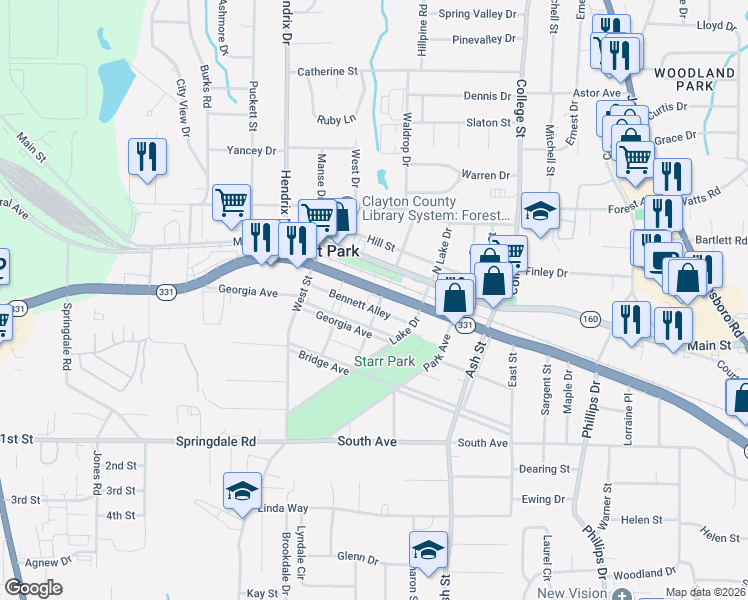map of restaurants, bars, coffee shops, grocery stores, and more near 713 Forest Parkway in Forest Park