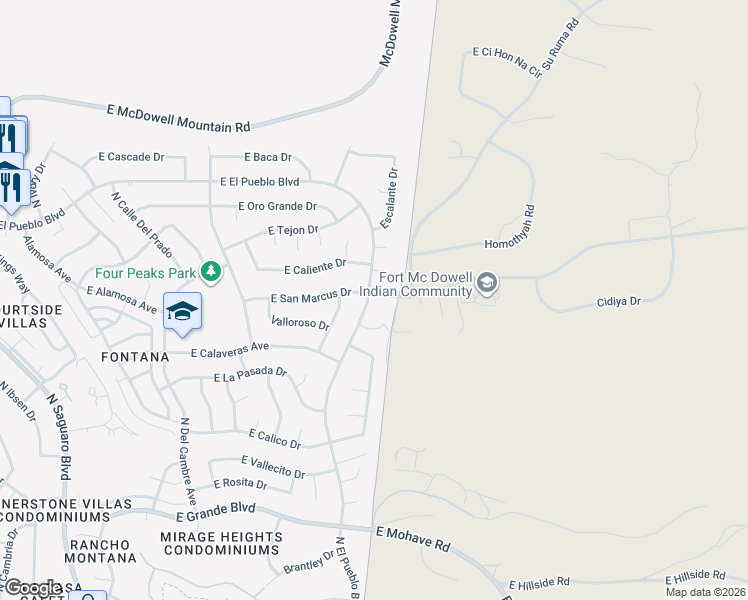 map of restaurants, bars, coffee shops, grocery stores, and more near 17509 East Yamu Kiva Circle in Fountain Hills