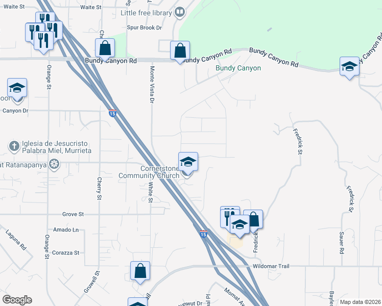 map of restaurants, bars, coffee shops, grocery stores, and more near 22680 Salvation Way in Wildomar