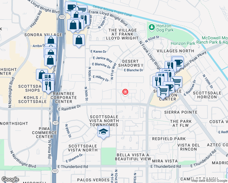 map of restaurants, bars, coffee shops, grocery stores, and more near 9100 East Raintree Drive in Scottsdale