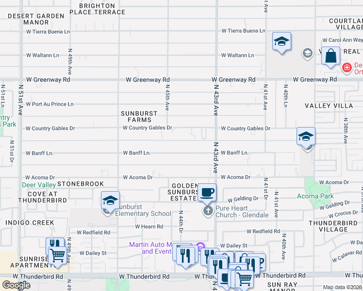 map of restaurants, bars, coffee shops, grocery stores, and more near 4345 West Country Gables Drive in Glendale