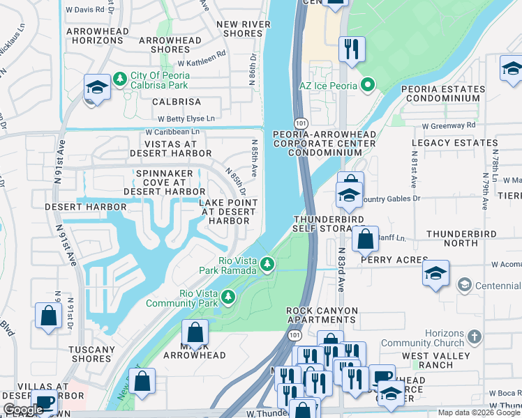 map of restaurants, bars, coffee shops, grocery stores, and more near 8502 West Country Gables Drive in Peoria