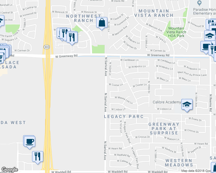 map of restaurants, bars, coffee shops, grocery stores, and more near 16277 West Custer Lane in Surprise