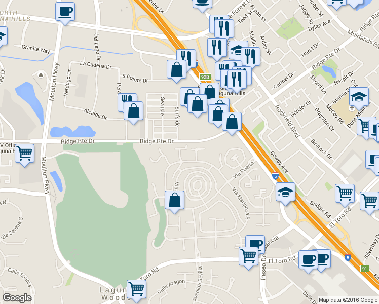 map of restaurants, bars, coffee shops, grocery stores, and more near 2359 Via Mariposa East in Laguna Woods
