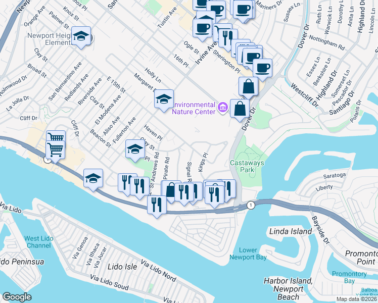 map of restaurants, bars, coffee shops, grocery stores, and more near 619 Saint James Road in Newport Beach