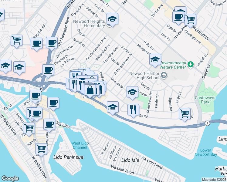 map of restaurants, bars, coffee shops, grocery stores, and more near 317 Aliso Avenue in Newport Beach