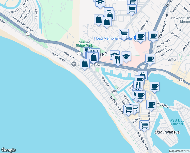 map of restaurants, bars, coffee shops, grocery stores, and more near 210 44th Street in Newport Beach