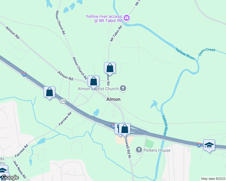 map of restaurants, bars, coffee shops, grocery stores, and more near 36 Mount Tabor Road in Covington
