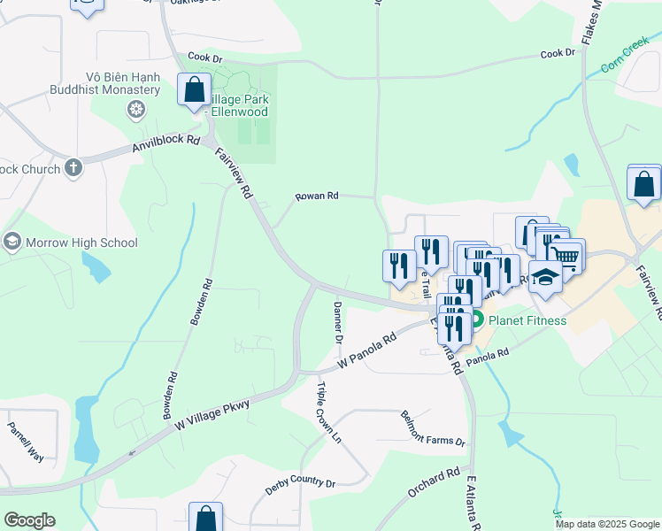 map of restaurants, bars, coffee shops, grocery stores, and more near 468 Fairview Road in Ellenwood