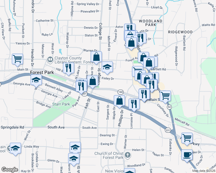map of restaurants, bars, coffee shops, grocery stores, and more near 917 Finley Drive in Forest Park