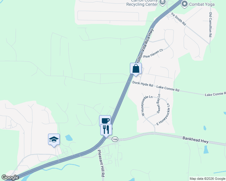 map of restaurants, bars, coffee shops, grocery stores, and more near 76 Dock Hyde Road in Carrollton